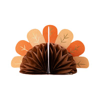 Rear view of a honeycomb turkey centerpiece showing the layered fan of tail feathers in autumn hues, a delightful addition to any Thanksgiving celebration.