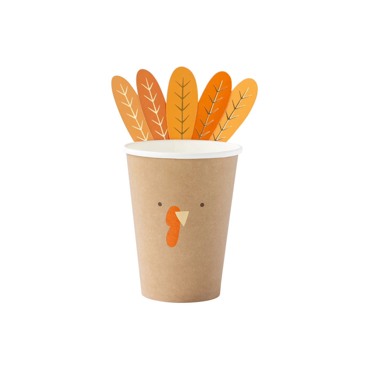 A close-up of a single paper cup with a playful turkey face and feather details, a fun and practical addition to any Thanksgiving kids table for serving drinks or snacks.