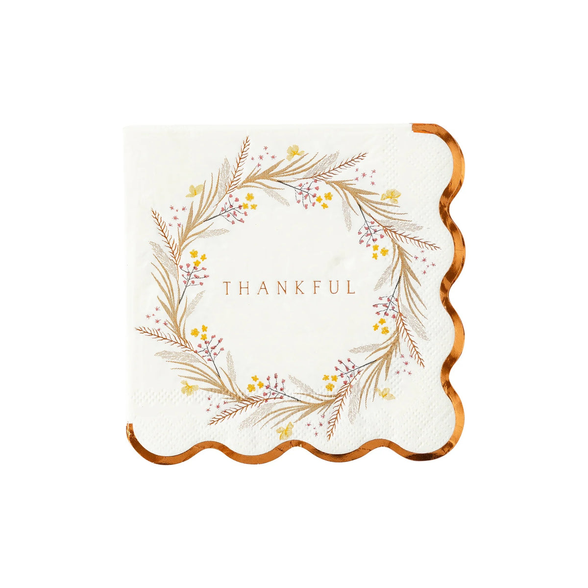 Beautiful Thankful Thanksgiving cocktail napkin with a delicate floral wreath and gold foil scalloped edges, perfect for any Thanksgiving party decor.