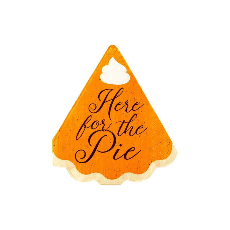  A Thanksgiving napkin shaped like a slice of pumpkin pie with the phrase "Here for the Pie" in elegant script. Perfect for adding a whimsical touch to your Thanksgiving table decor.