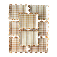 A collection of plaid paper plates stacked together, highlighting their elegant gold trim and classic design. These plaid plates are a chic addition to any Thanksgiving table decor.