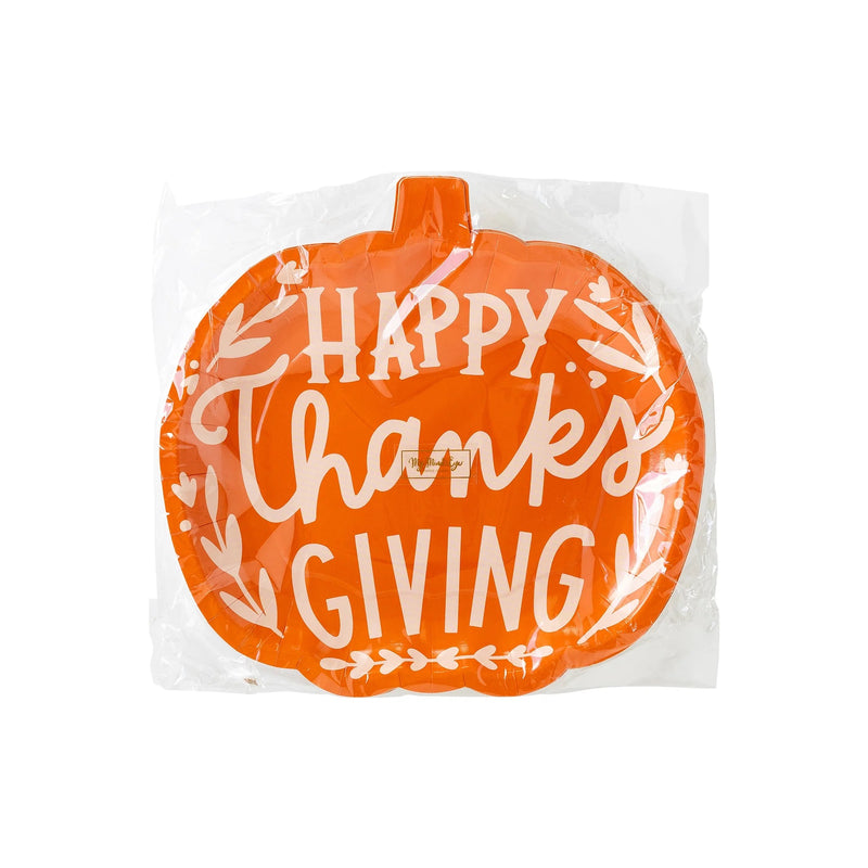 Pumpkin Shaped Paper Happy Thanksgiving Plates in their packaging