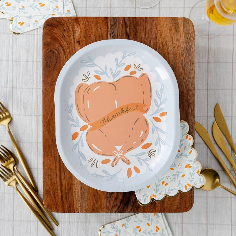 Thanksgiving Paper Plate with a Roasted Turkey Design and the word Thankful with Coordinating napkins