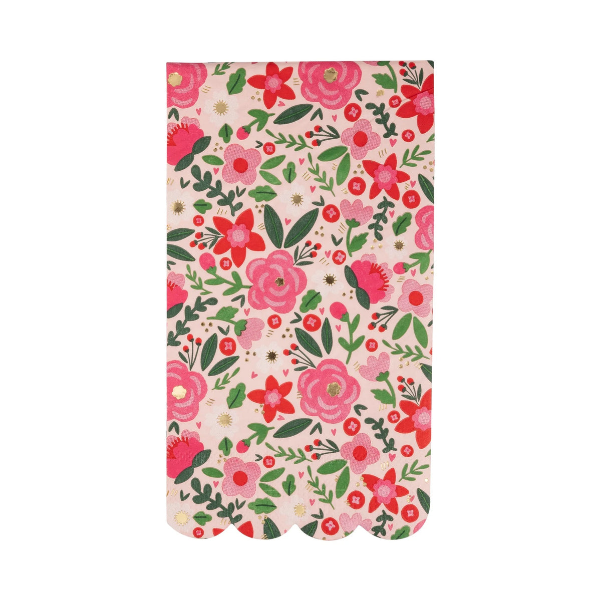 Floral scalloped paper dinner napkin with pink, red, and green flower patterns and a scalloped edge.