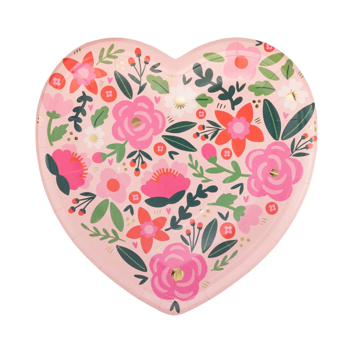 Packaged set of floral heart-shaped plates, displayed in clear wrapping with a branded label.