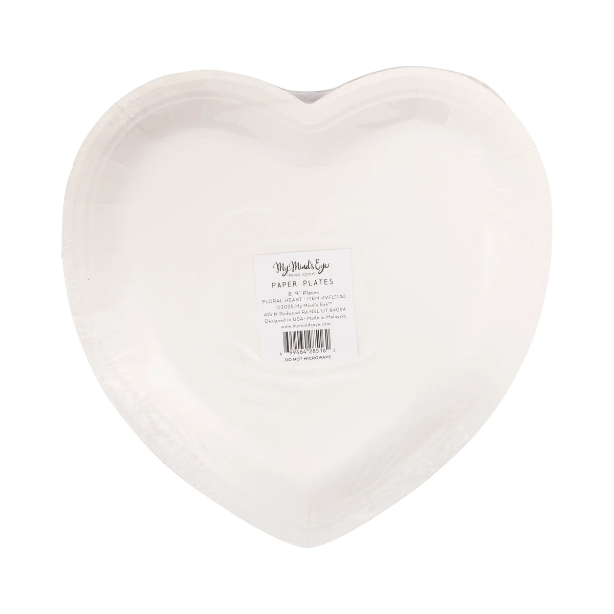 Packaged set of floral heart-shaped plates, displayed in clear wrapping with a branded label.