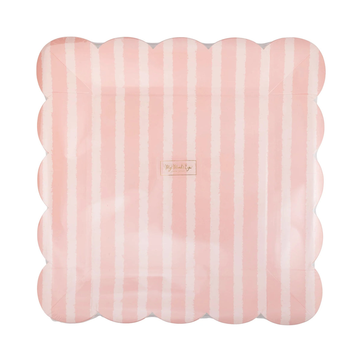 Close-up of pink paper plate showcasing tonal stripes in soft pink, bright pink, and white hues.