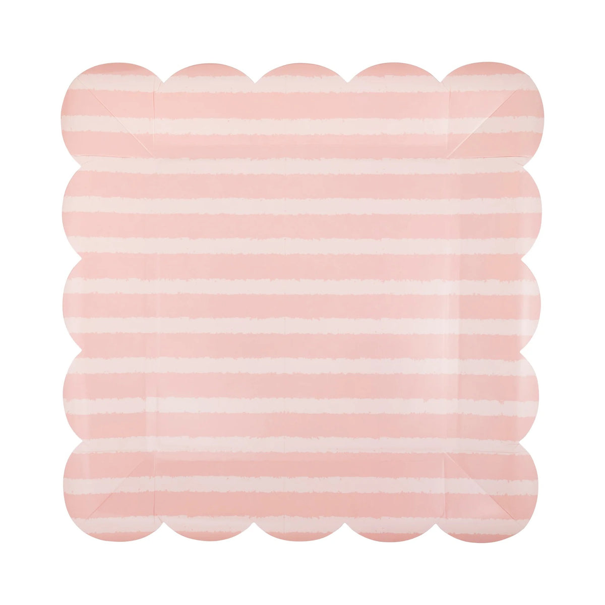 Sqaure pink paper plate featuring tonal stripes in varying shades of pink and white.