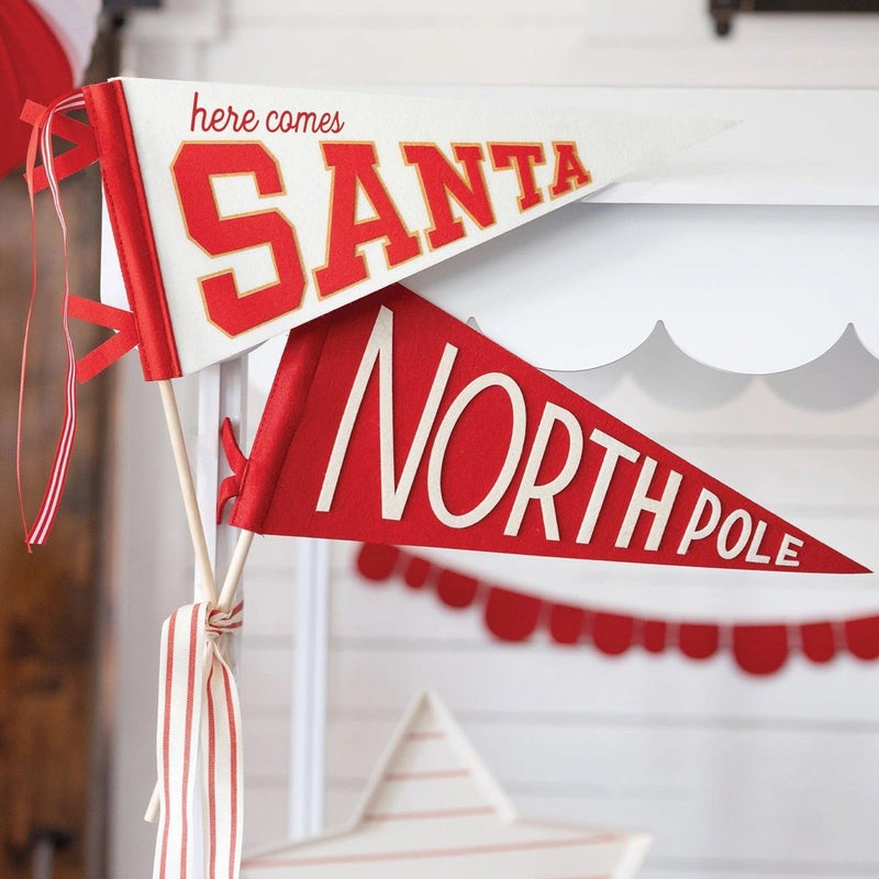 Here comes santa felt pennant with a north pole flag