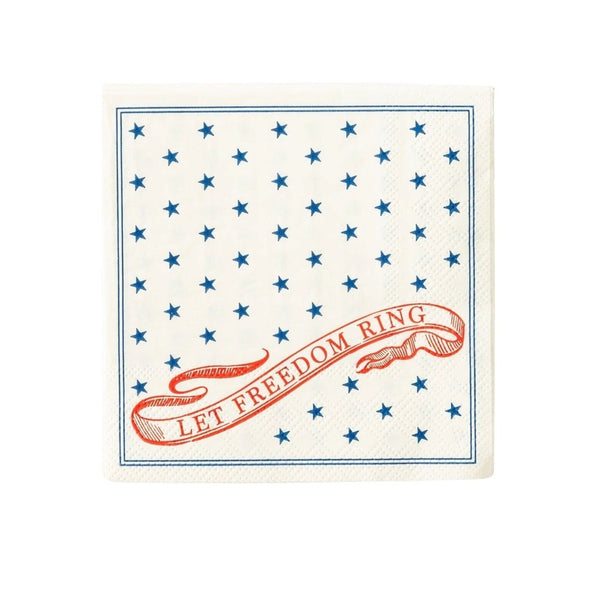 Let freedom ring paper cocktail napkins perfect for an independence day party, memorial day party, or 4th of July party.