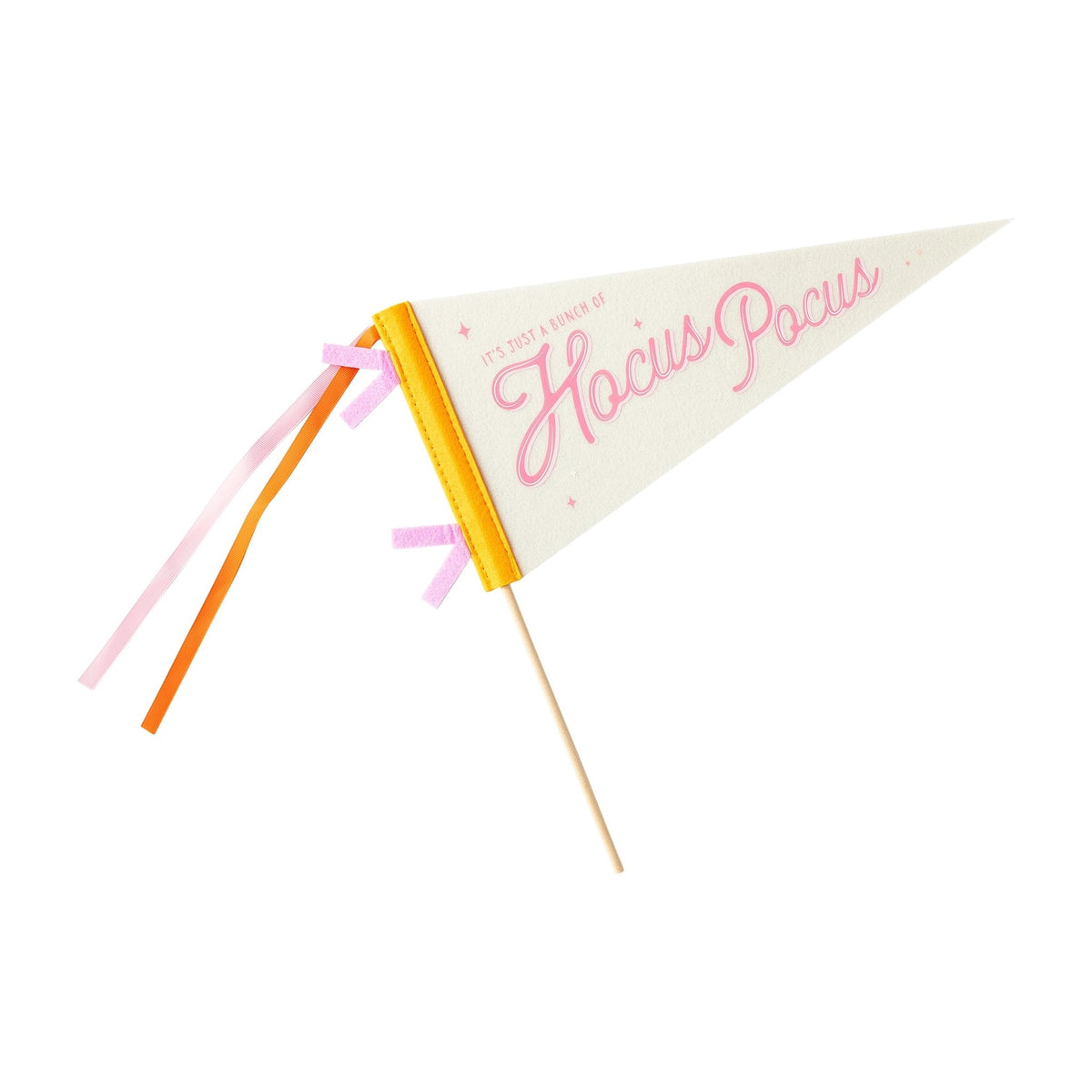 Felt Halloween pennant flag with Its Just a Bunch of Hocus Pocus text in pink, attached to a 14-inch wooden dowel.