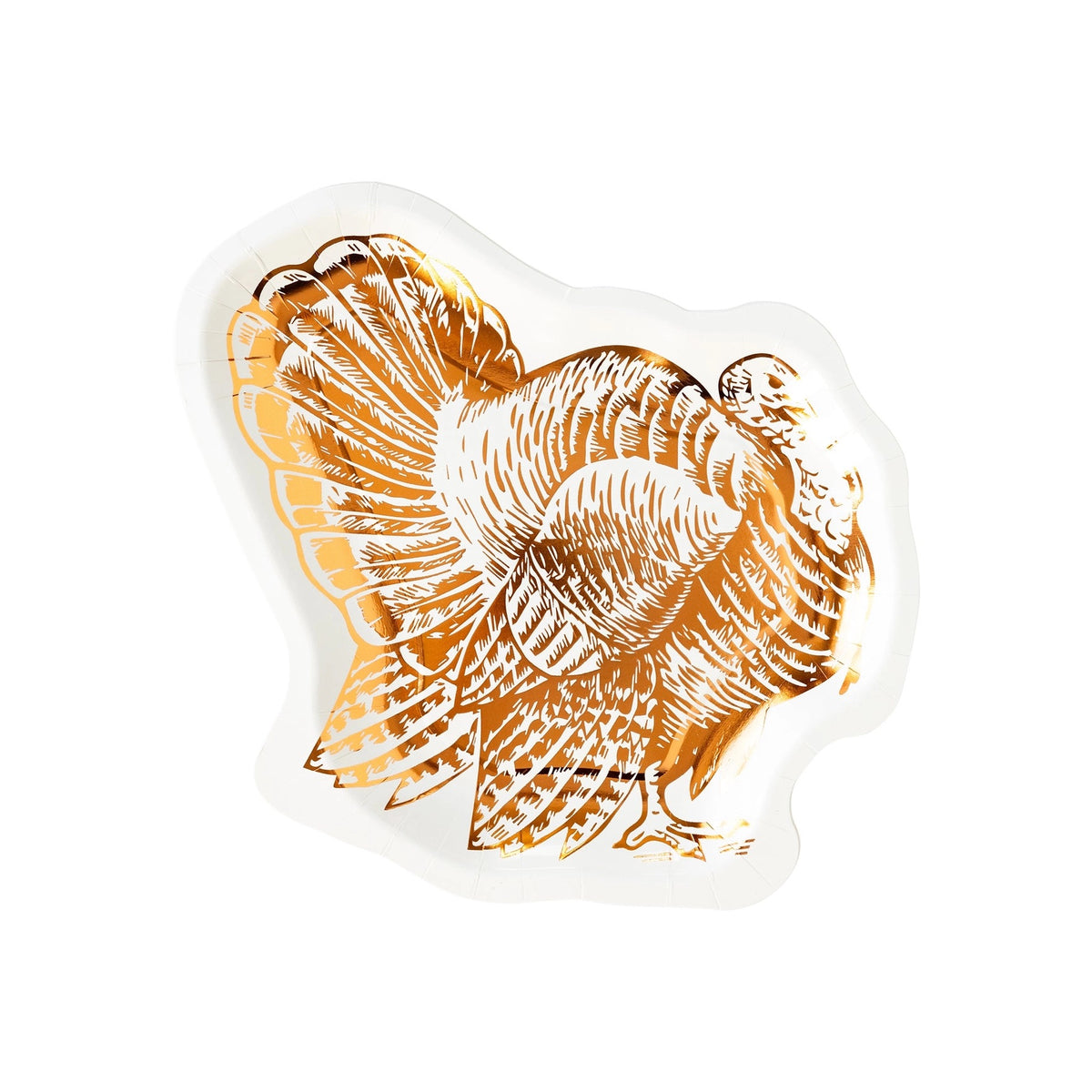 Golden turkey-shaped plate with foil accents, ready to elevate your Thanksgiving table with a touch of festive flair in your Thanksgiving party decor.