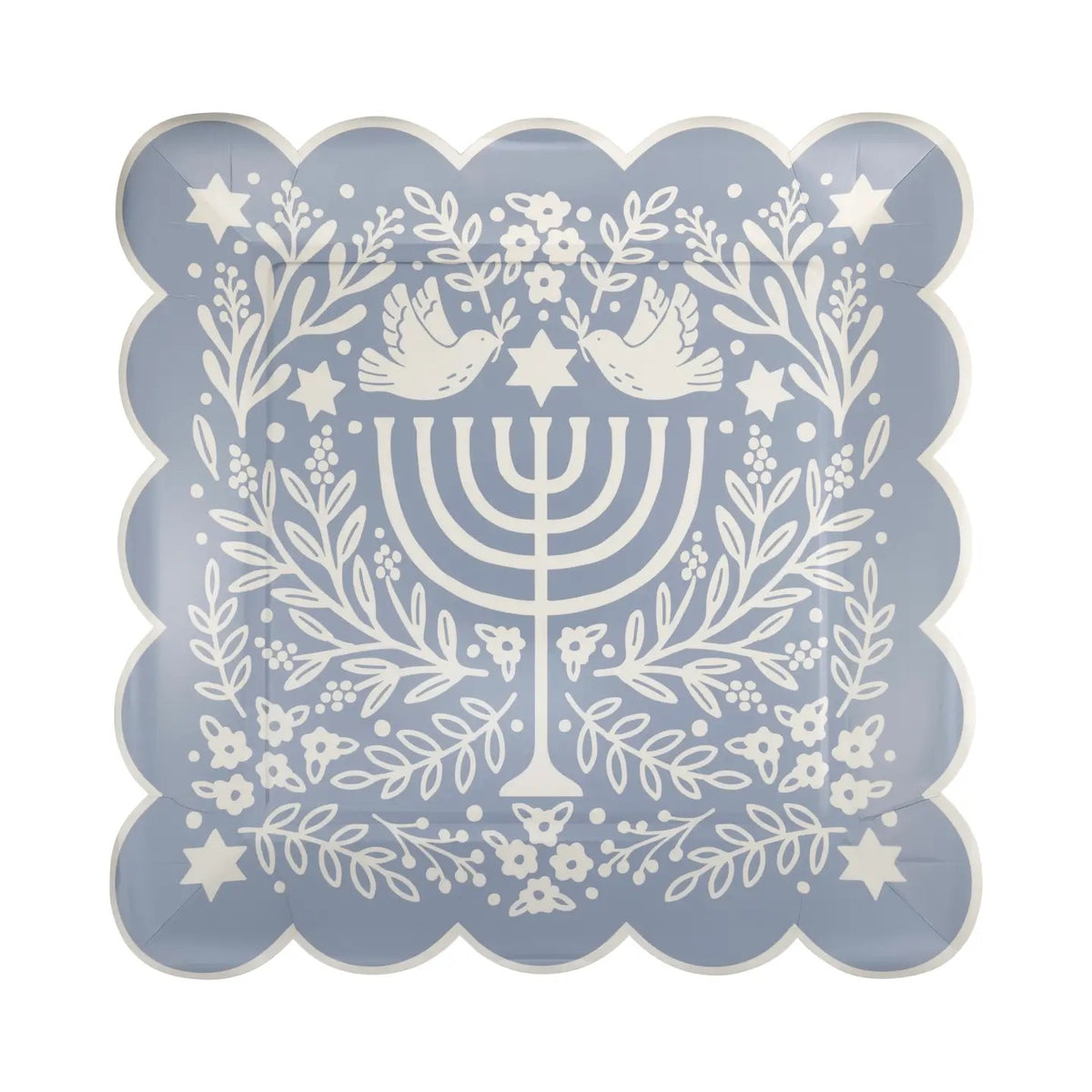 Blue Paper Plate with  a Floral and Menorah Design - Perfect for Hanukkah Plates