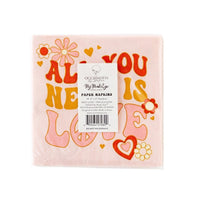 All you need is love paper cocktail napkins. Perfect for Valentines Day or a 1970s themed party.