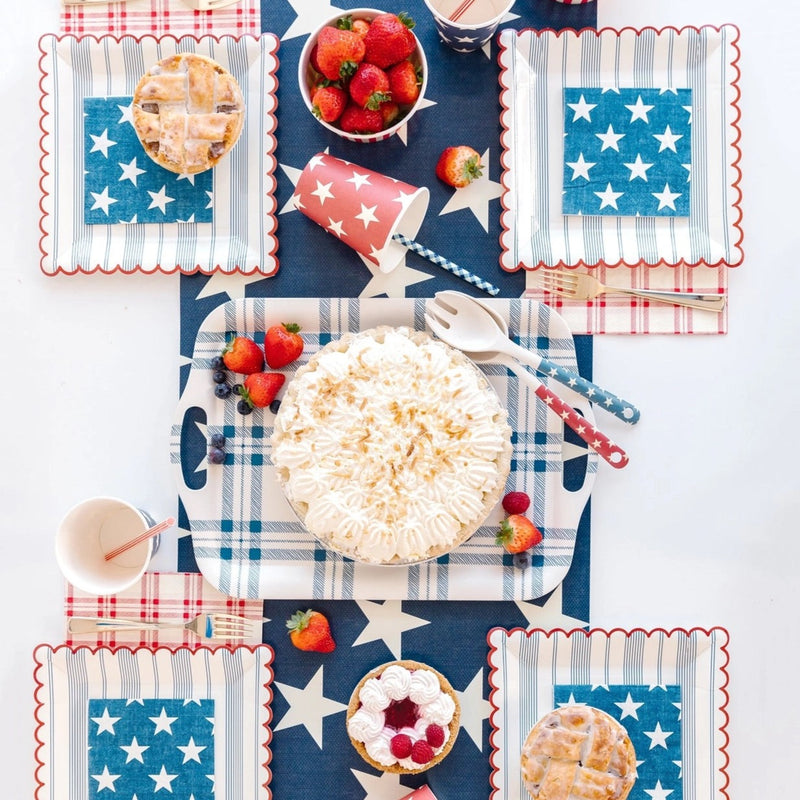 Patriotic red, white and blue serveware perfect for a July 4th Party or a Memorial Day cookout.