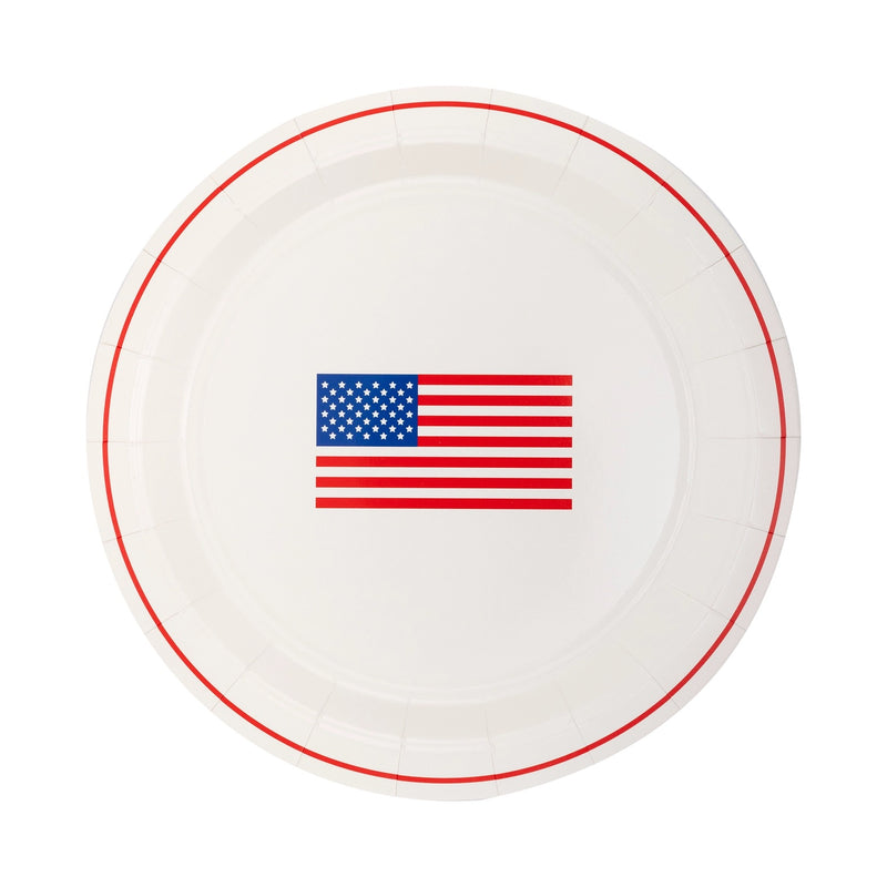 White paper plate with an American flag in the center - perfect for a Summer BBQ or a 4th of July party.