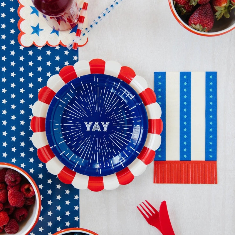Red, white and blue paper dinner napkins with red fringe - perfect for a 4th of july party or summer picnic.
