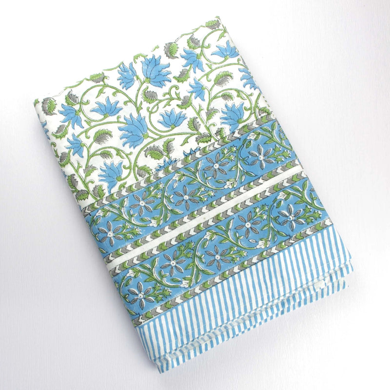 Blue Tablecloth perfect for an Easter or Spring table. This floral tablecloth is 100% block print cotton.