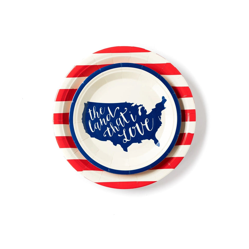 7 inch round dessert plate featuring the USA with the words the land that i love written on them in blue. perfect for a 4th of july party or memorial day party.