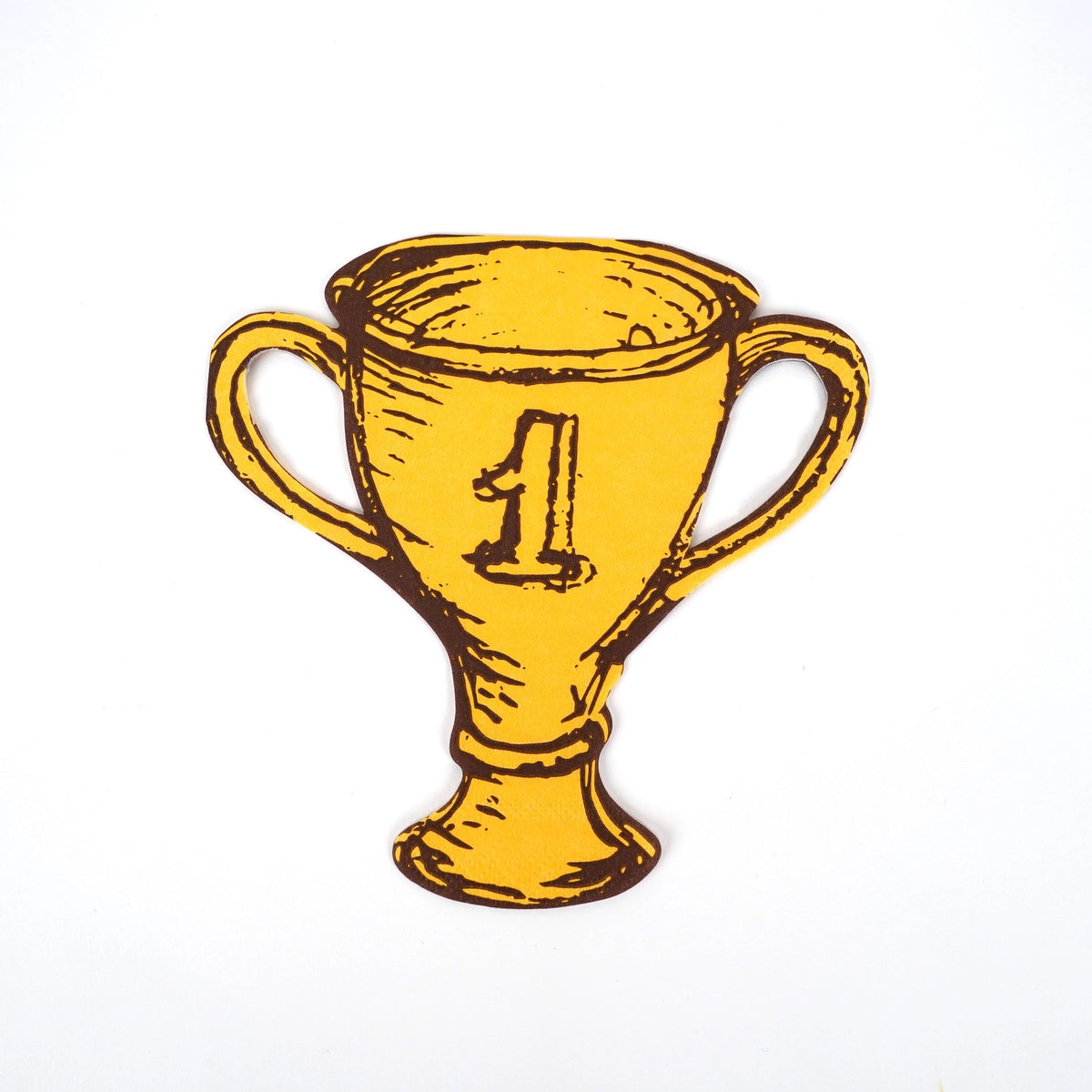 Single golden trophy-shaped paper napkin on a white background, showcasing its design for a sports themed birthday party.