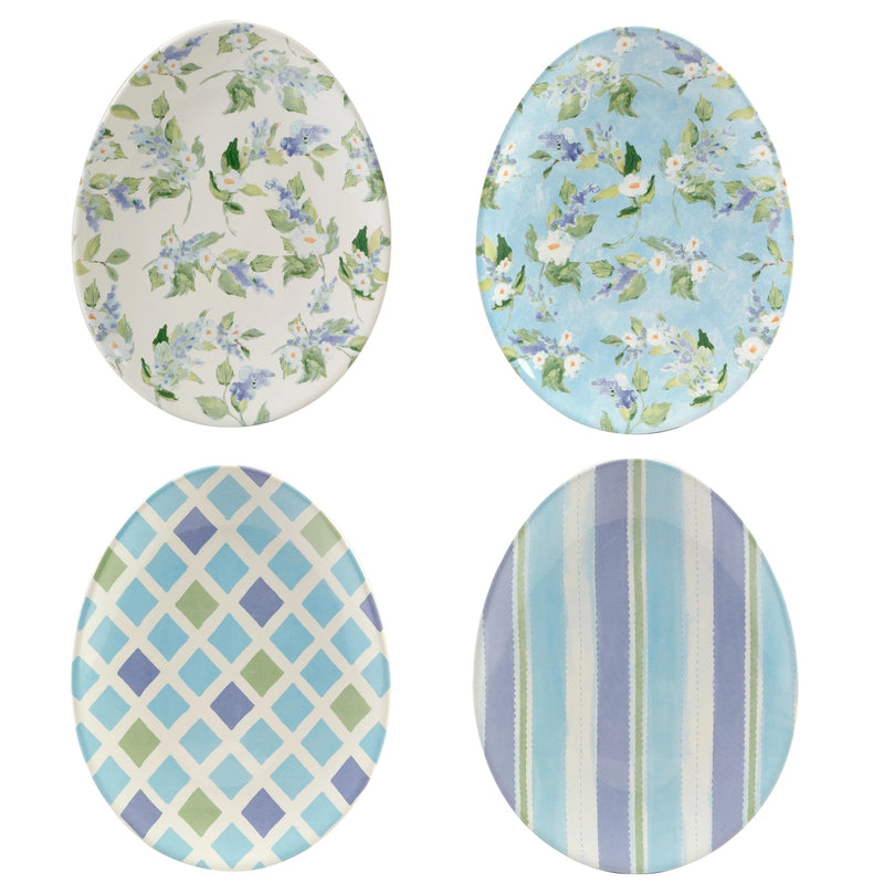 Easter plates shaped like oval eggs with different blue and green designs - perfect for Spring Table