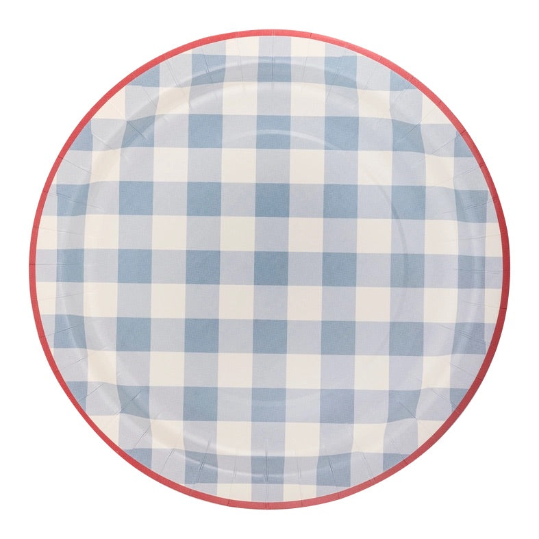 Blue and white plaid paper plate with a red border. Perfect for a July 4th party or a coastal bachelorette party.