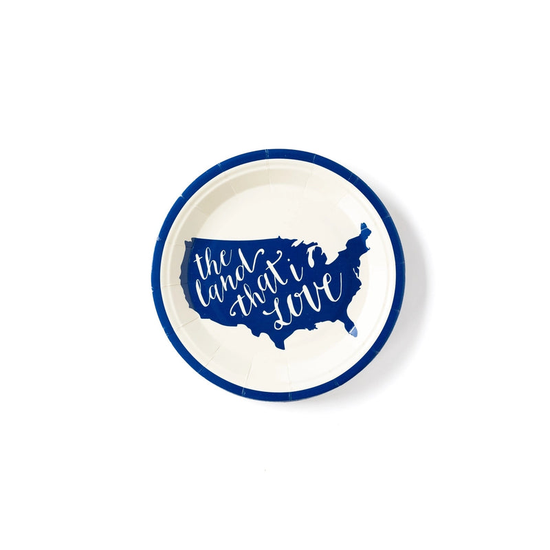 7 inch round dessert plate featuring the USA with the words the land that i love written on them in blue. perfect for a 4th of july party or memorial day party.