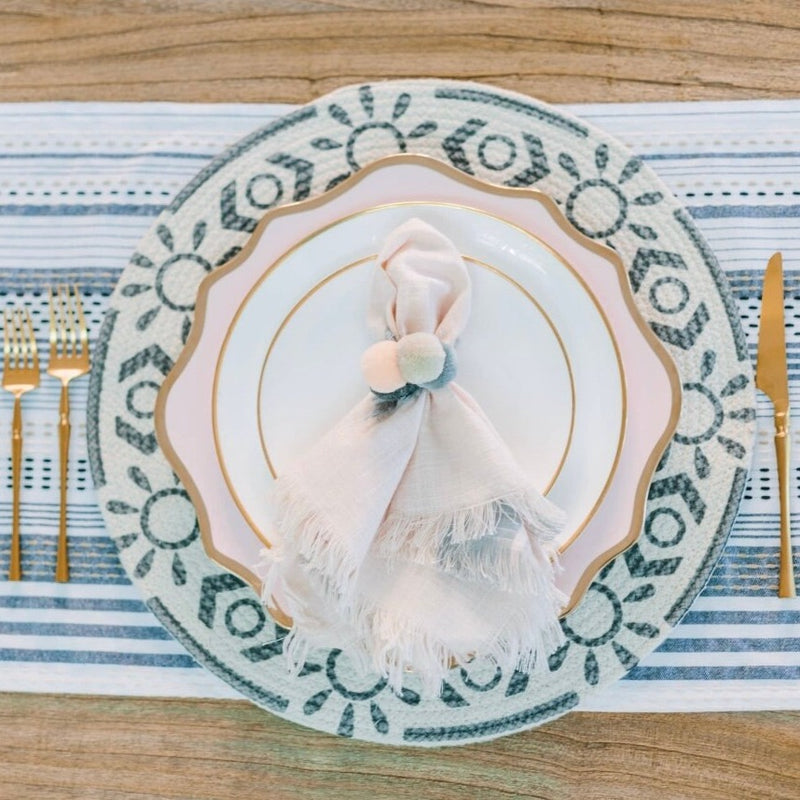 Dress your table in style with our Braided Printed Placemats. These Large Round Placemats, adorned with dark gray geometric patterns, are perfect for sprucing up your Easter Table Decor or adding a dash of drama to Summer Placemats.