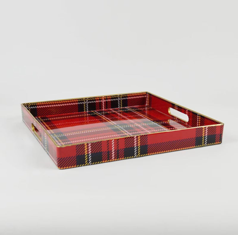 Red plaid Christmas tray perfect for serving holiday snacks and drinks.