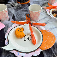 Pink Halloween Paper Cup with ghosts, bats and pumpkin design.