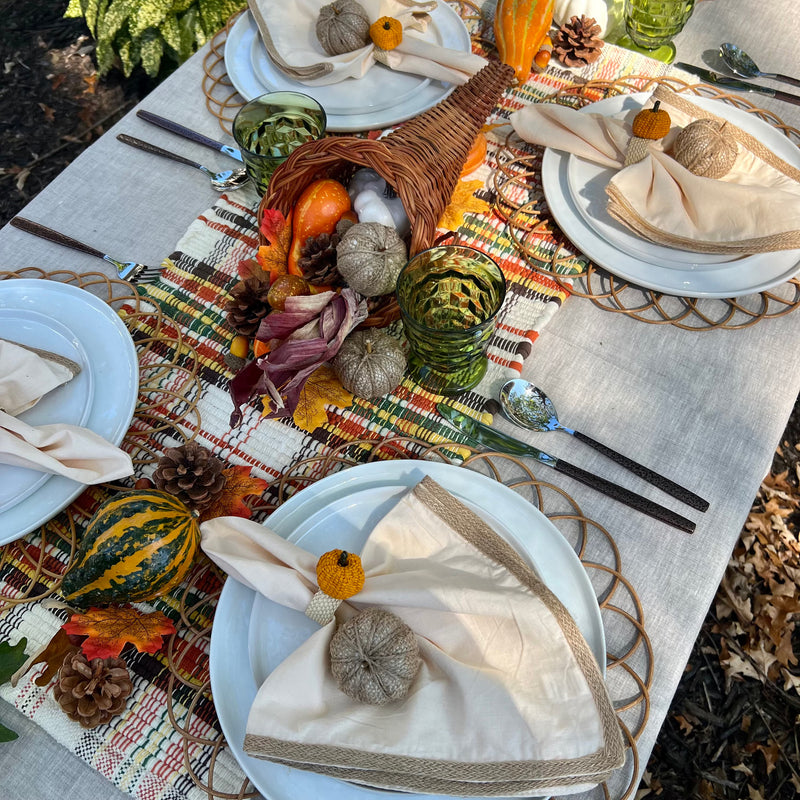 Brown, Orange and Cream Thanksgiving Table Runner on a Thanksgiving Tablescape.