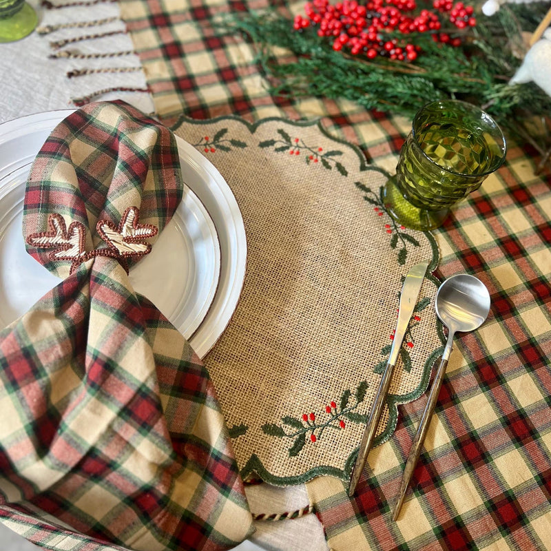 Green Holly Burlap Christmas Placemats on a Christmas tablescape.