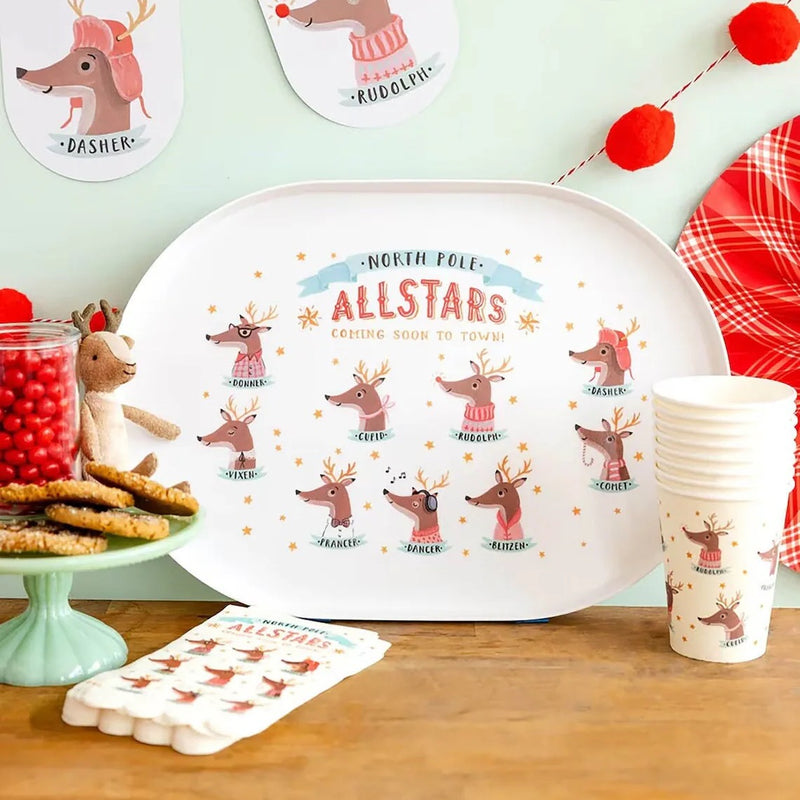 Christmas serving tray featuring Santa's reindeer.