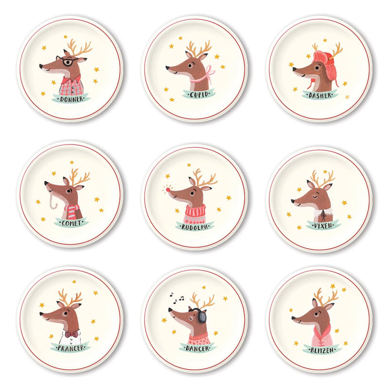 Christmas paper plates featuring Santas reindeers.