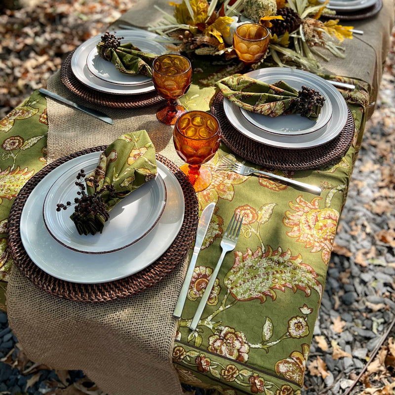 Transform your Thanksgiving table with our Sage Green Foliage Tablecloth. Perfect for both intimate and larger gatherings, available in 60" x 90" for six seats or 60" x 108" for eight. This 100% cotton Thanksgiving tablecloth beautifully complements your fall table decor with its rustic floral patterns, adding a classic autumn vibes to any meal.