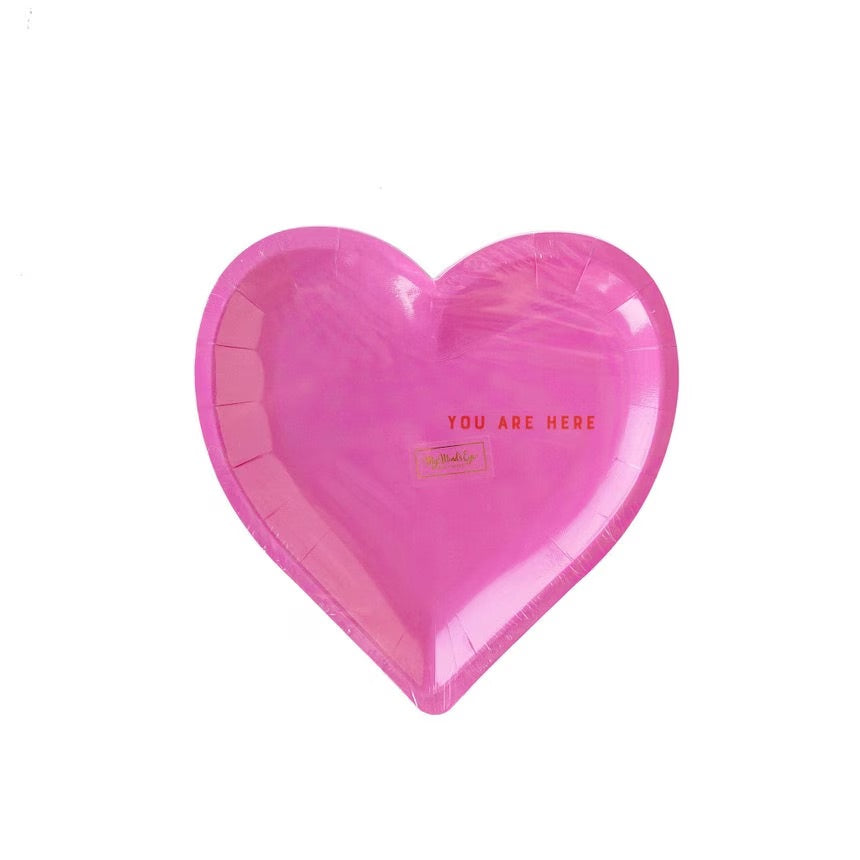 Pink heart shaped paper plates with the words you are here - perfect for a valentines day party or a bachelorette party