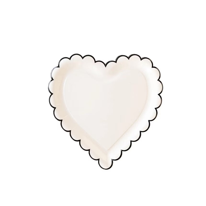 White heart-shaped paper plates with black scalloped edges - perfect for valentines day or an anniversary party