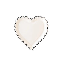 White heart-shaped paper plates with black scalloped edges - perfect for valentines day or an anniversary party