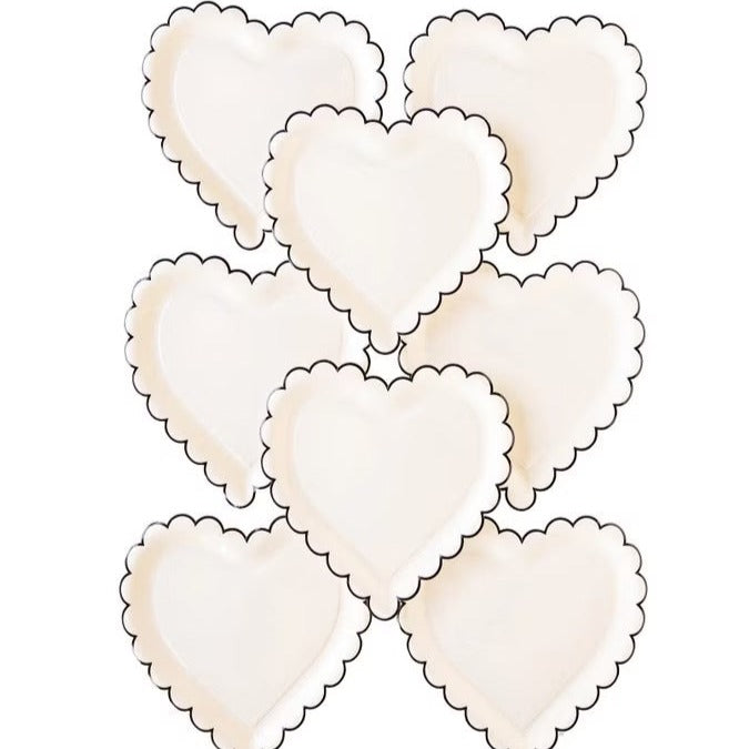 White heart-shaped paper plates with black scalloped edges - perfect for valentines day or an anniversary party