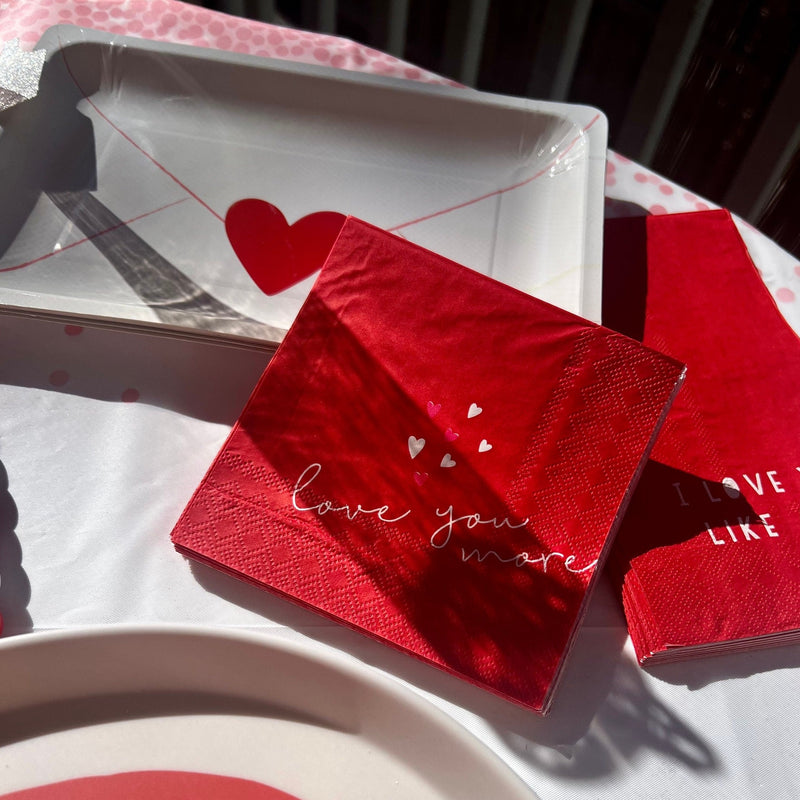 love you more red cocktail napkins perfect for a valentines day party or an anniversary party