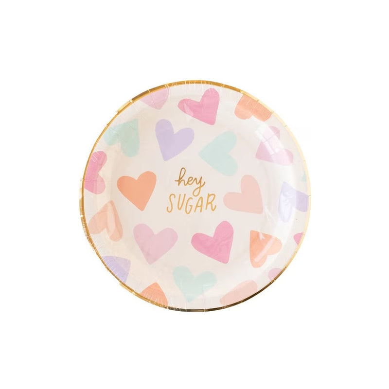 Valentines Day Plates with Hearts and Hey Sugar Saying - perfect for a Valentines Day Party or a Baby Shower