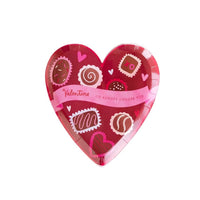 Red heart-shaped box of chocolate paper plates perfect for Valentines Day or an anniversary party