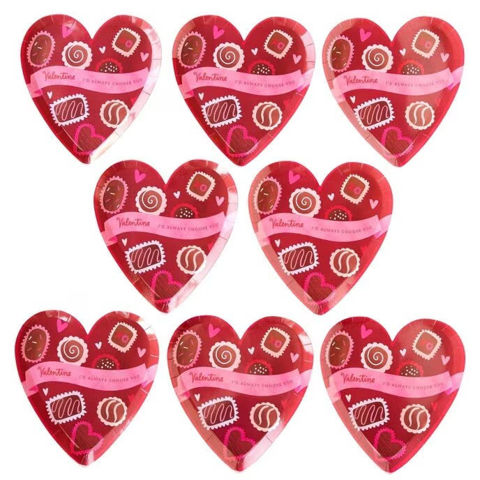 Box of Chocolates Heart Shaped Valentines Plates, Set of 8