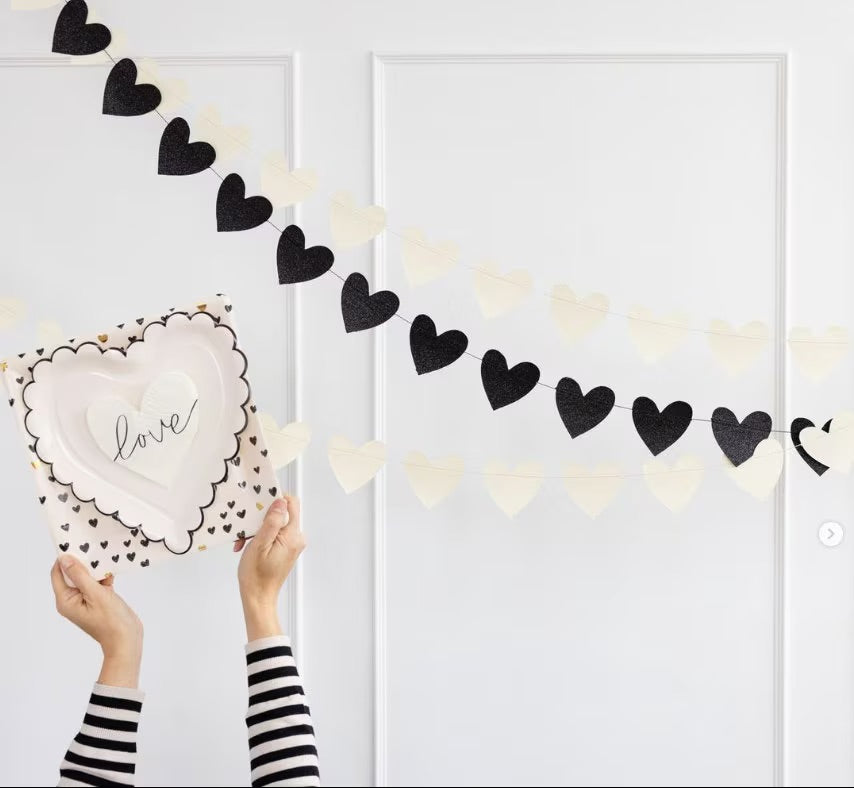 White heart-shaped paper plates with black scalloped edges - perfect for valentines day or an anniversary party