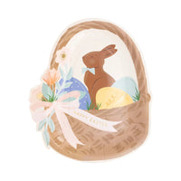 Easter paper plate shaped like an Easter basket filled with eggs and an chocolate Easter bunny - Easter brunch, Easter party plates.