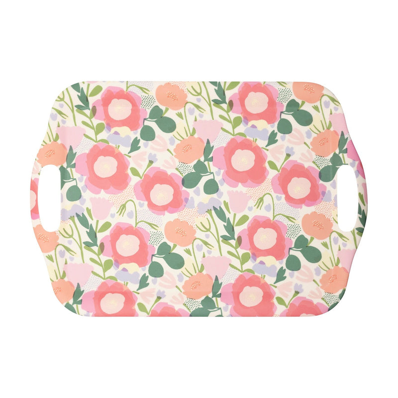 Bamboo tray with spring flower design in pinks and green - perfect to use as an Easter, Mother's Day or Spring serving tray or platter.
