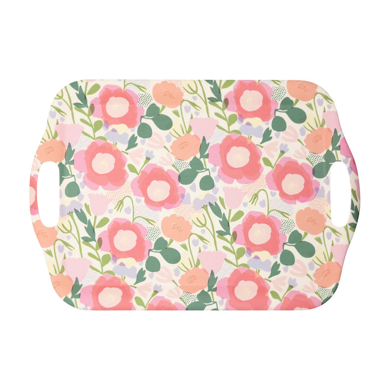 Bamboo tray with spring flower design in pinks and green - perfect to use as an Easter serving tray or platter
