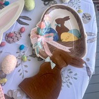 Easter paper plate shaped like an Easter basket filled with eggs and an chocolate Easter bunny - Easter brunch, Easter party plates.