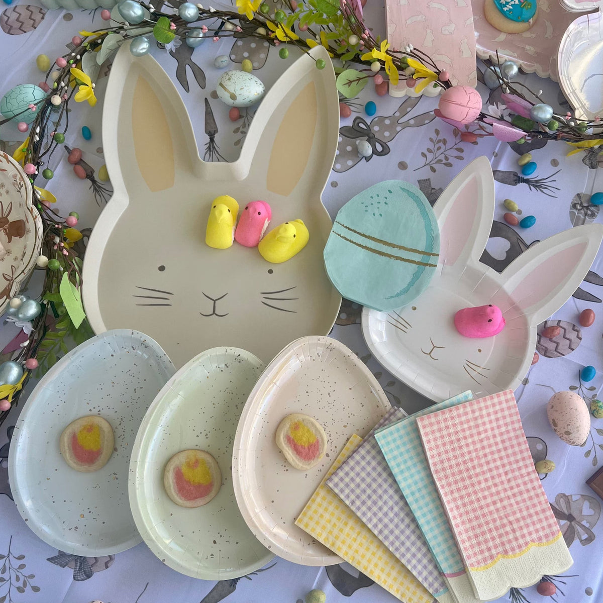 Paper Easter plates shaped like the face of a cute Easter Bunny face.