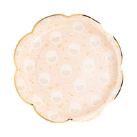 Pink easter paper plate with a lamb face design -scalloped edge with a gold edge